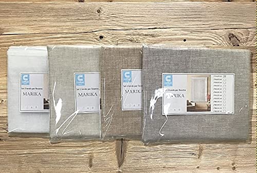 Varianti colore delle tende Marika disposte affiancate: bianco, lino, grigio e corda, che mostrano le diverse tonalità disponibili del tessuto effetto lino.