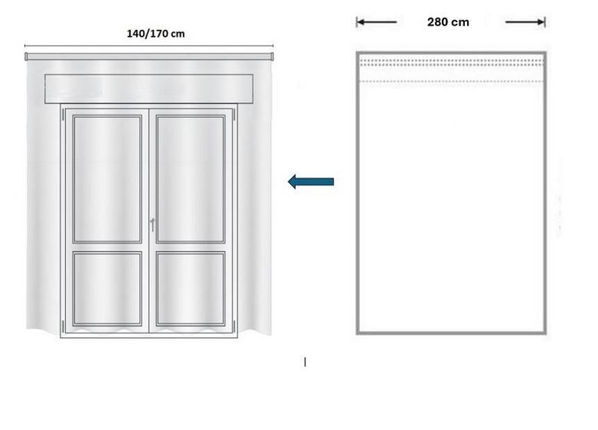 Tenda bianca tessuto privacy da 280 cm arricciata per binario da 140-170 cm - Dettaglio di adattamento e installazione.