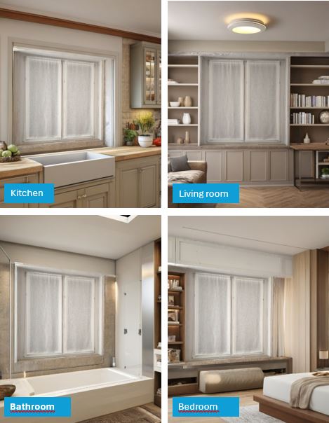 Collage di ambienti arredati con coppia tende a vetro coprenti in cucina, bagno, salotto e camera da letto