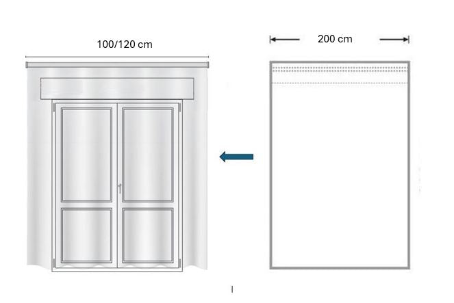 Schema che mostra pannello tenda largo 200 cm teso, adatto a binari da 100 a 120 cm dopo arricciatura