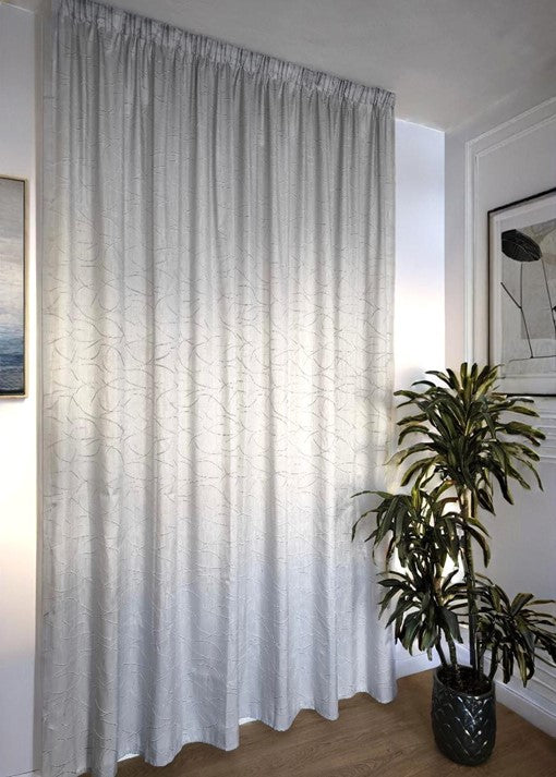 Tenda su misura con fettuccia arricciatenda - tessuto privacy grigio ricamo geometrico, adatta a binari 140-170 cm