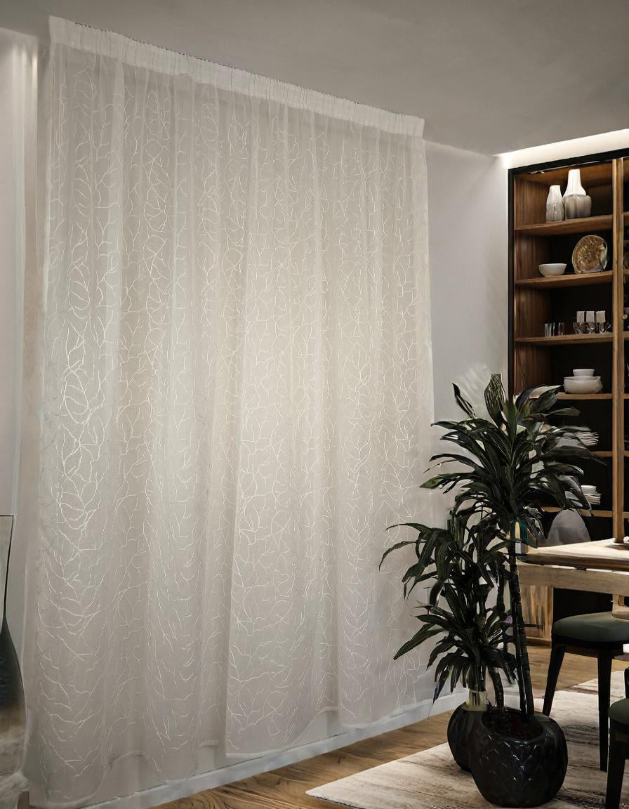 Tende trasparenti su misura con fettuccia arricciatenda-tessuto bianco con ricamo bianco-Adatta per Binari da 140/170 cm, Altezza da 180 a 279 cm-art.soffio di foglia bianco