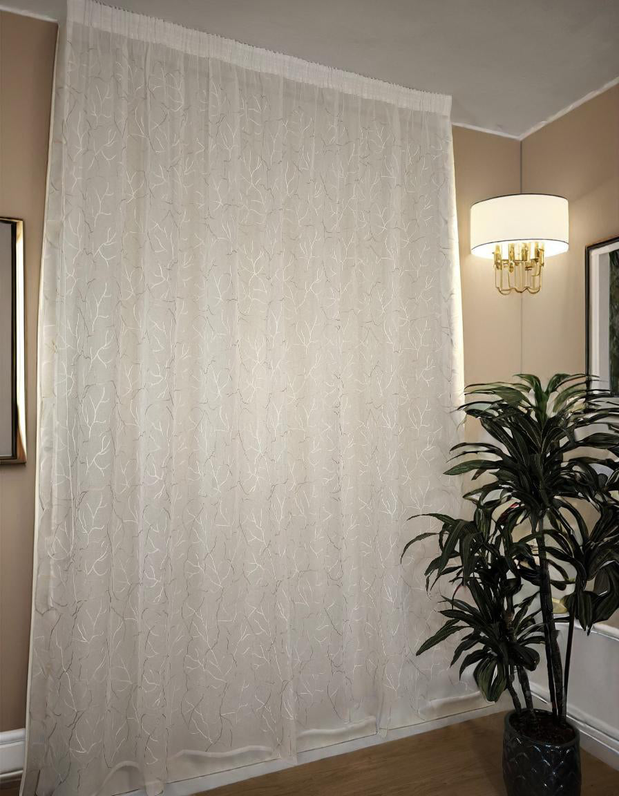 Tende trasparenti su misura con fettuccia arricciatenda-tessuto bianco con ricamo bianco e beige-Adatta per Binari da 140/170 cm, Altezza da 180 a 279 cm-soffio di foglia beige