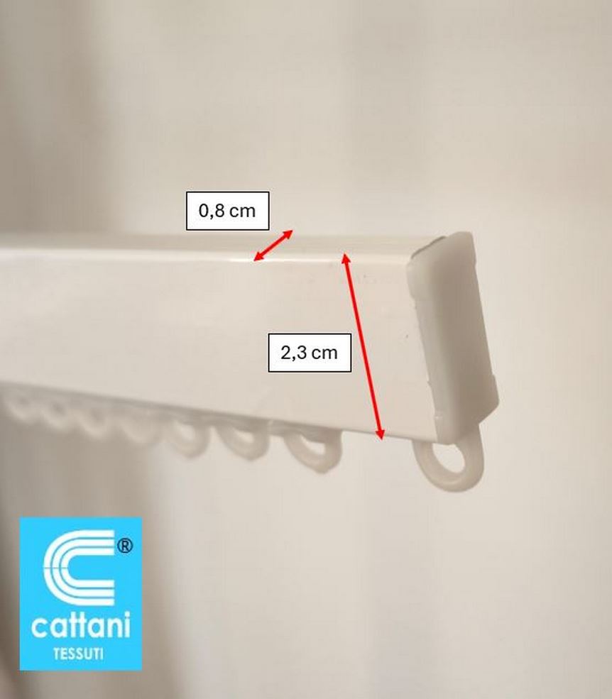 Dettaglio tecnico delle dimensioni slim del binario per tende – larghezza 8 mm, altezza 23 mm