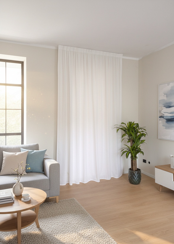 Tenda bianca in tessuto bouclé appesa a un binario, installata in un salotto elegante.