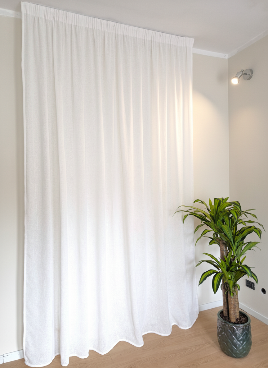 Tenda bianca in tessuto bouclé appesa a un binario davanti a una parete chiara.