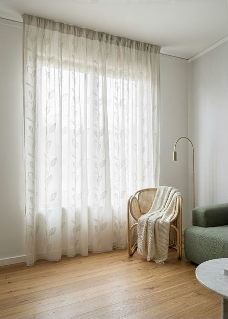 Tenda bianca effetto lino con ricamo e fettuccia arricciatenda installata in un salotto moderno arredato