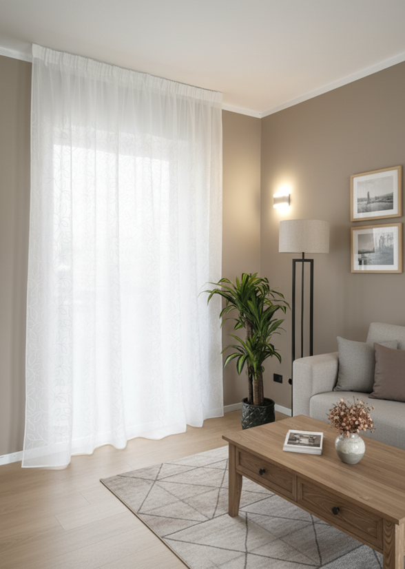 Tenda bianca con ricamo a foglia, appesa su un binario, in un salotto luminoso e arredato.