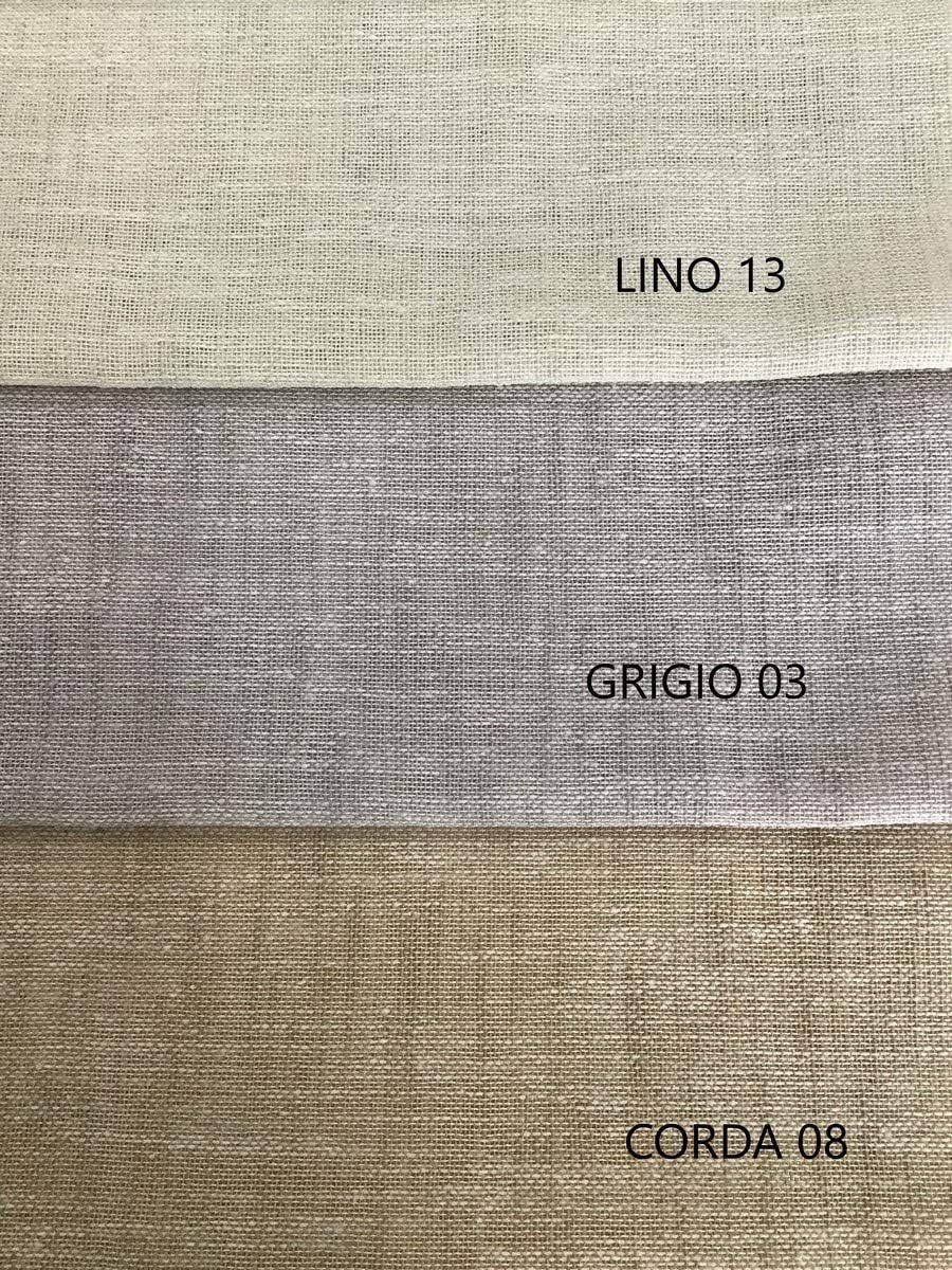 Cartella colori del tessuto effetto lino con campioni di stoffa nei toni lino-grigio e corda